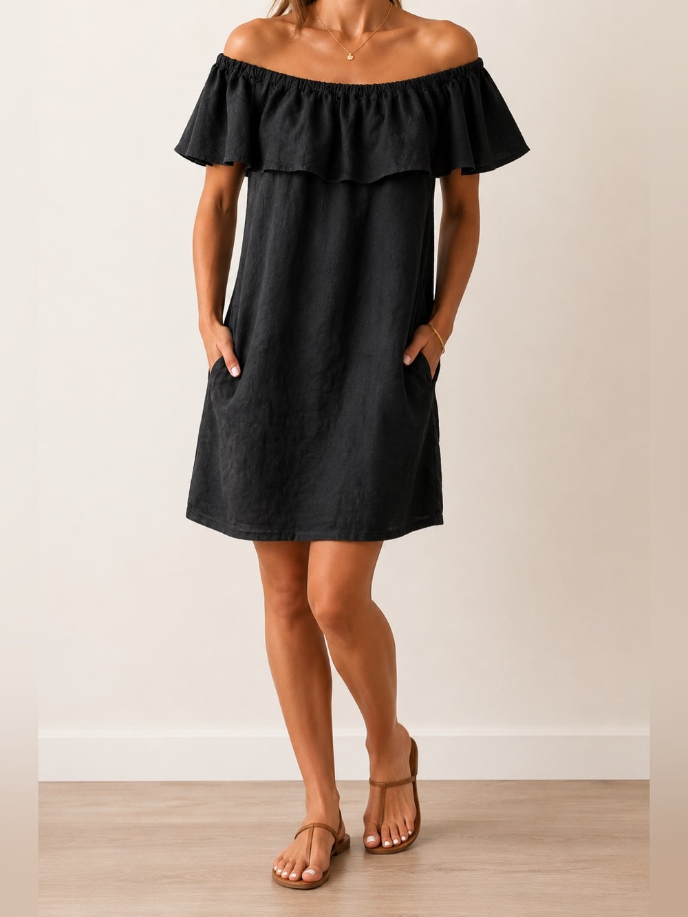 Tommy Bahama St Lucia Black Linen Blend Off Shoulder Ruffle Dress XS Resort